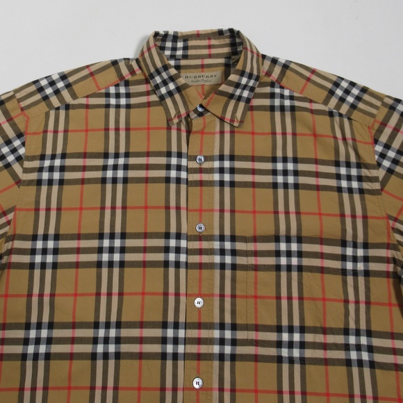Burberry Men's Check Stretch Cotton Short Sleeve Shirt Archive Beige Size L - Picture 2 of 12